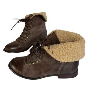 Miz Mooz Hiro Brown Leather Ankle Boots Faux Fur Lined Lace Up Women’s 6.5
